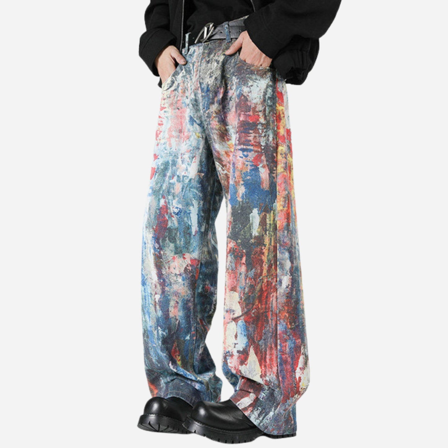 Y2K Men's Graffiti 3D Print Paint Splash Jeans Streetwear Wide Leg Rainbow Denim