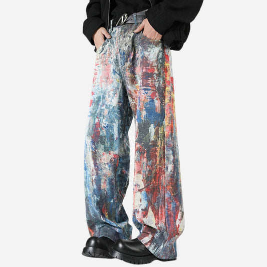 Y2K Men's Graffiti 3D Print Paint Splash Jeans Streetwear Wide Leg Rainbow Denim