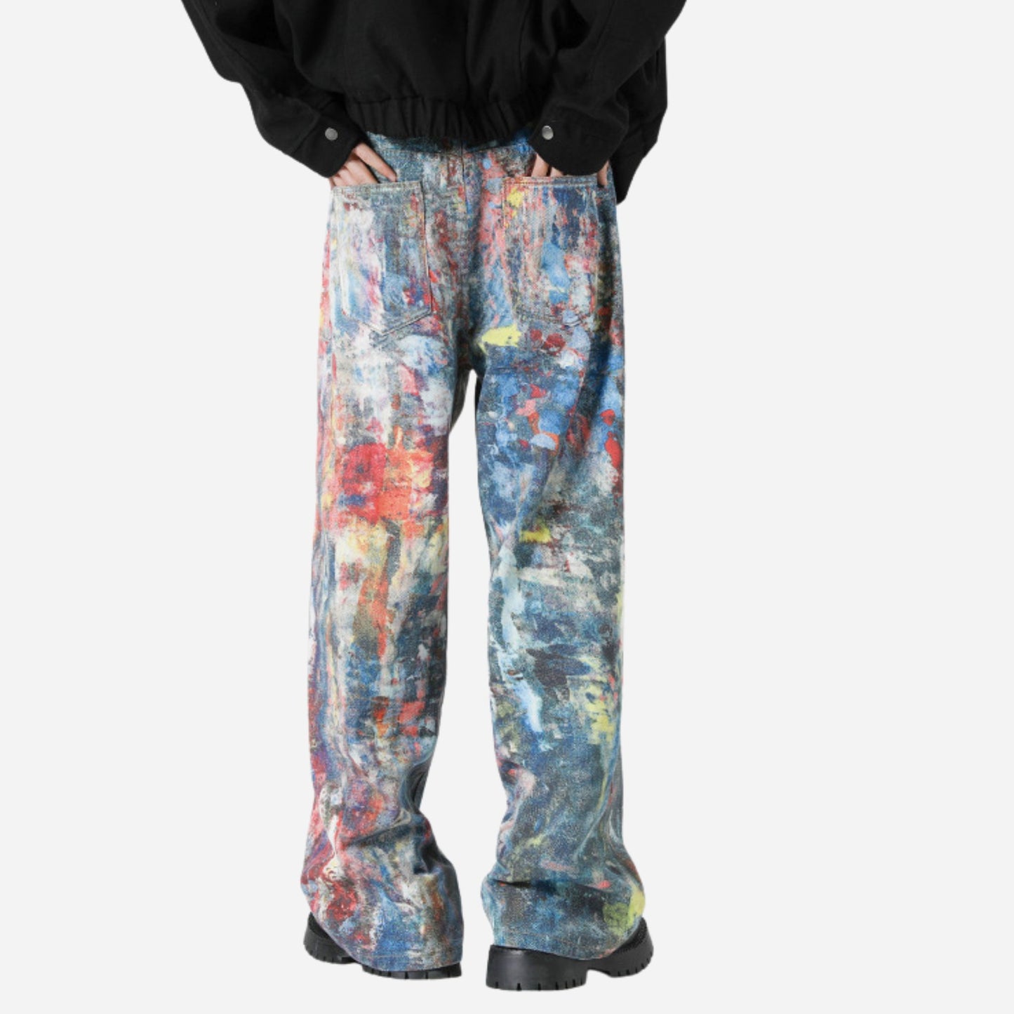 Y2K Men's Graffiti 3D Print Paint Splash Jeans Streetwear Wide Leg Rainbow Denim