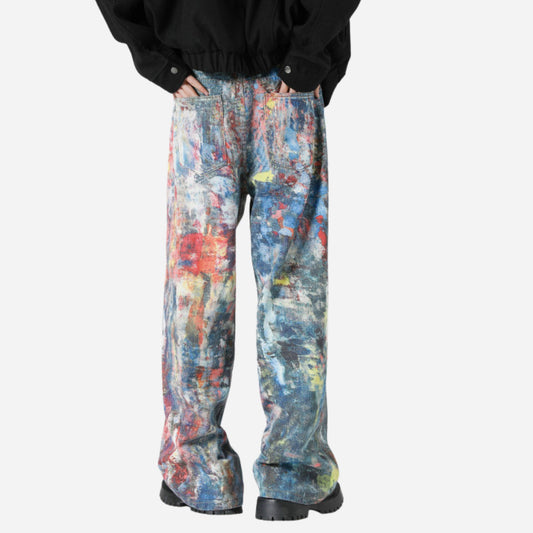Y2K Men's Graffiti 3D Print Paint Splash Jeans Streetwear Wide Leg Rainbow Denim