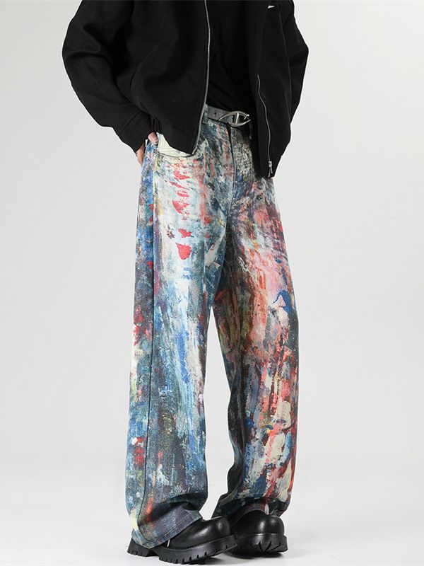 Y2K Men's Graffiti 3D Print Paint Splash Jeans Streetwear Wide Leg Rainbow Denim