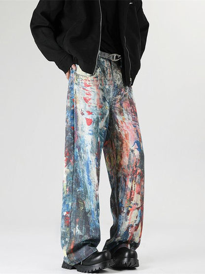 Y2K Men's Graffiti 3D Print Paint Splash Jeans Streetwear Wide Leg Rainbow Denim