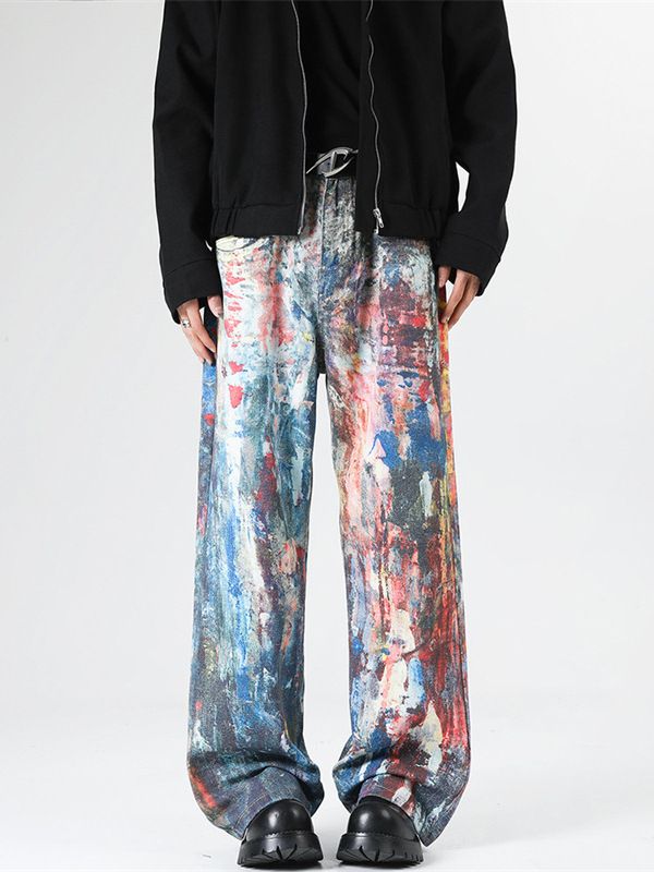 Y2K Men's Graffiti 3D Print Paint Splash Jeans Streetwear Wide Leg Rainbow Denim