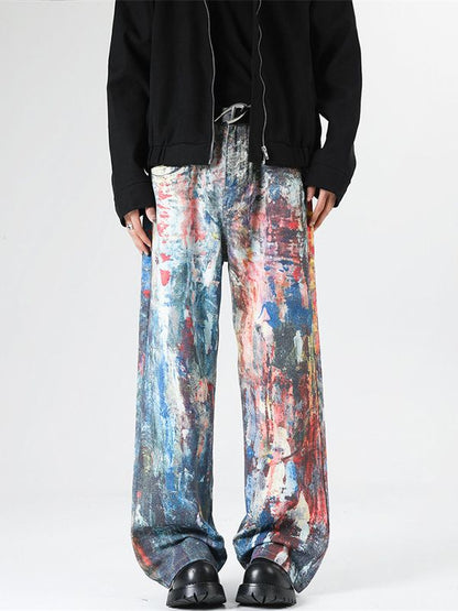 Y2K Men's Graffiti 3D Print Paint Splash Jeans Streetwear Wide Leg Rainbow Denim