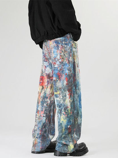 Y2K Men's Graffiti 3D Print Paint Splash Jeans Streetwear Wide Leg Rainbow Denim