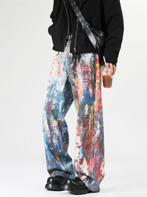 Y2K Men's Graffiti 3D Print Paint Splash Jeans Streetwear Wide Leg Rainbow Denim