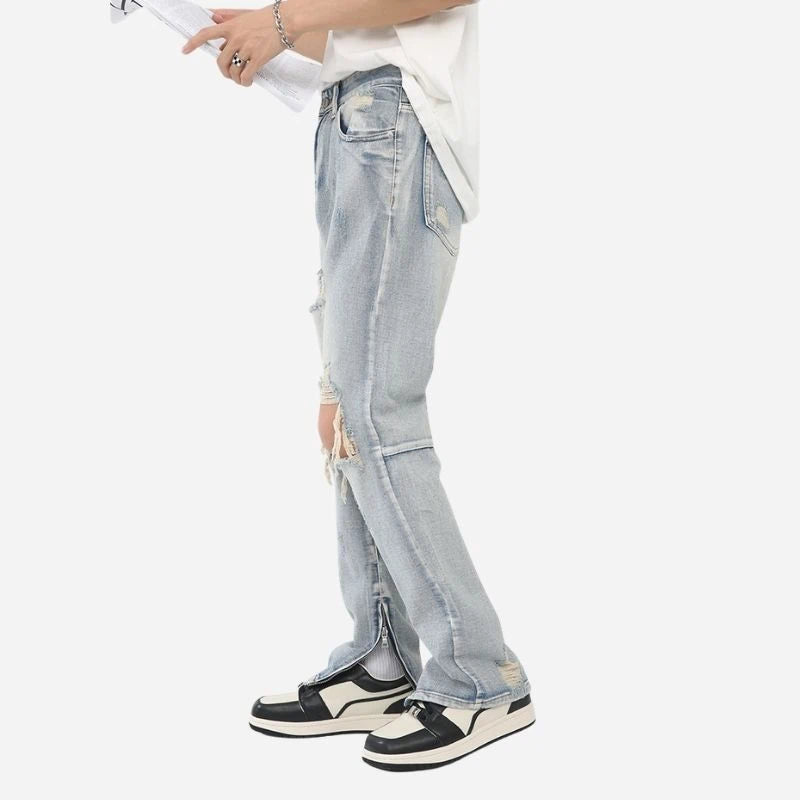Y2K Distressed Straight Leg Ripped Jeans for Men Hip Hop Streetwear Denim