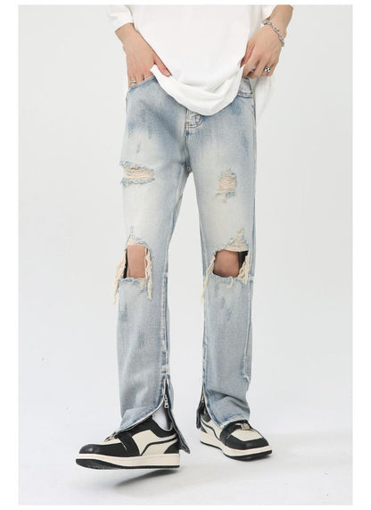 Y2K Distressed Straight Leg Ripped Jeans for Men Hip Hop Streetwear Denim
