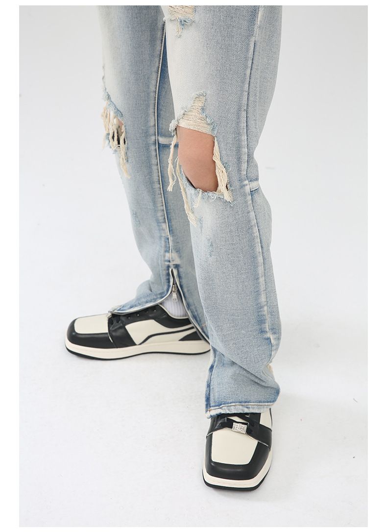 Y2K Distressed Straight Leg Ripped Jeans for Men Hip Hop Streetwear Denim