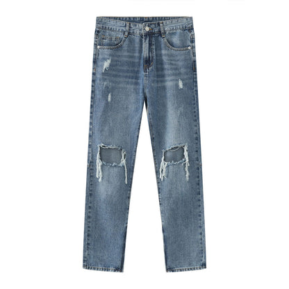 Y2K Distressed Straight Leg Ripped Jeans for Men Hip Hop Streetwear Denim