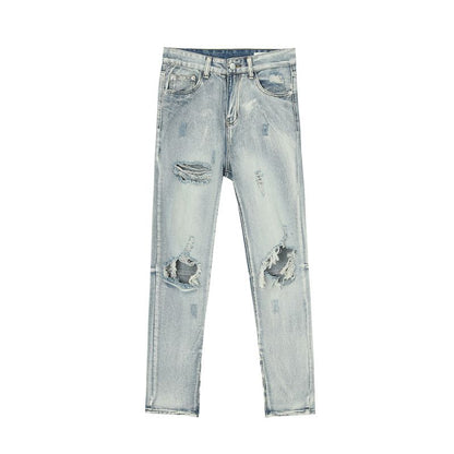 Y2K Distressed Straight Leg Ripped Jeans for Men Hip Hop Streetwear Denim