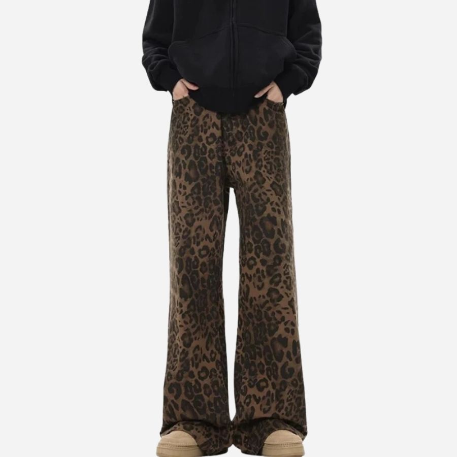 Y2k leopard jeans wide leg denim pants women hip hop baggy jeans trousers, front view