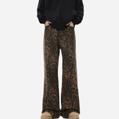 Y2k leopard jeans wide leg denim pants women hip hop baggy jeans trousers, front view