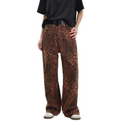Y2K Leopard Jeans Wide Leg Denim Pants Women Hip Hop Baggy Jeans Trousers