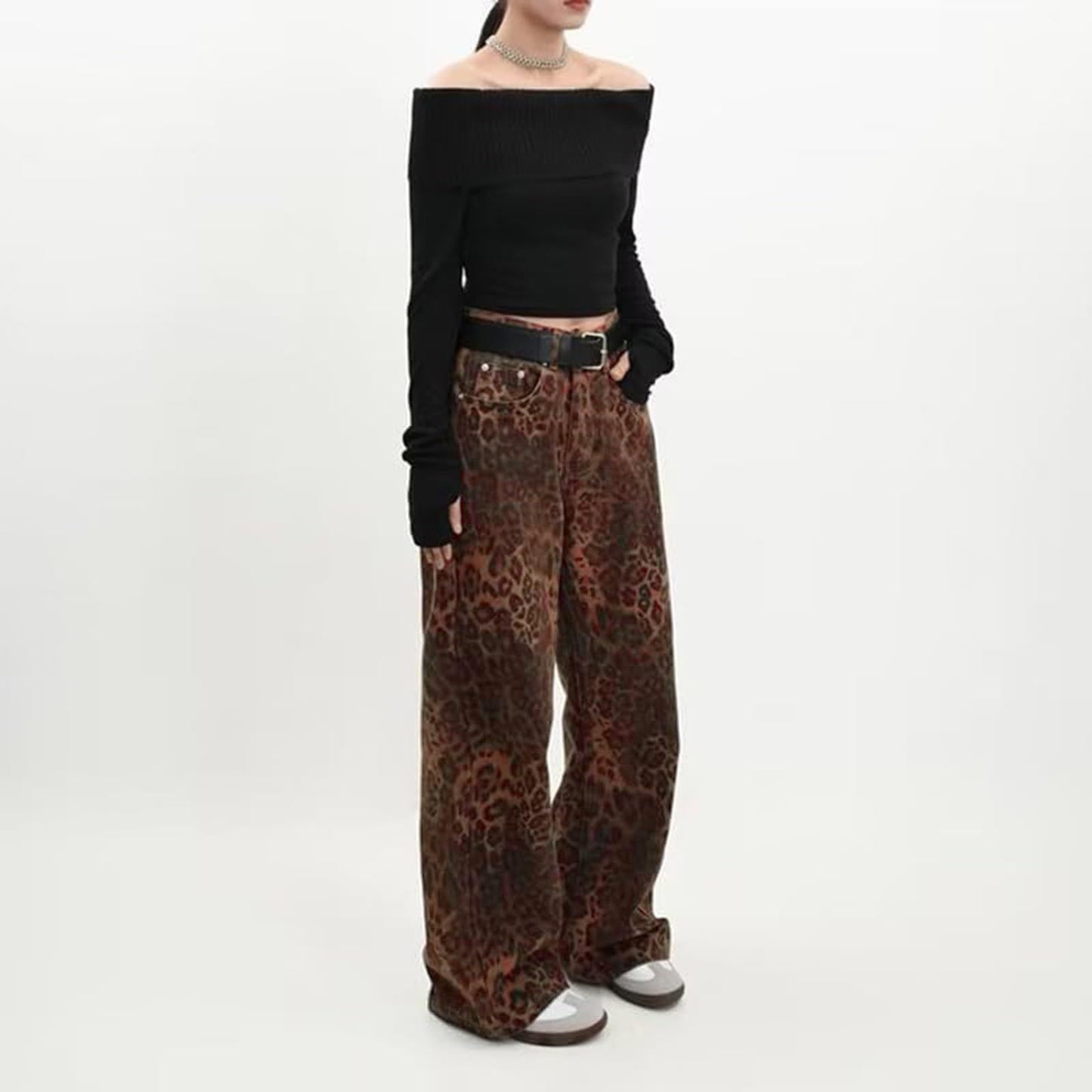 Y2K Leopard Jeans Wide Leg Denim Pants Women Hip Hop Baggy Jeans Trousers