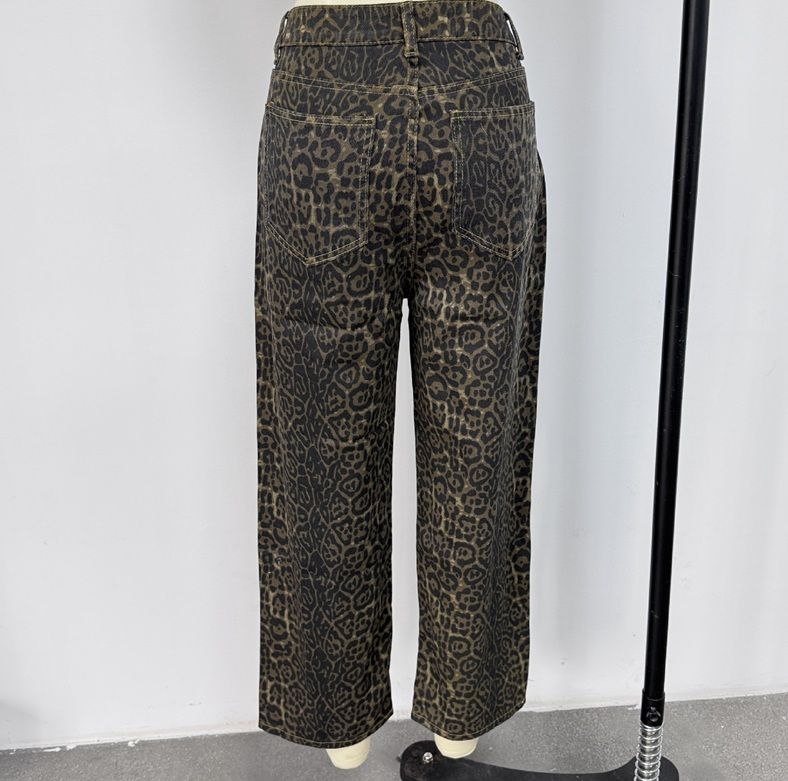 Y2K Leopard Jeans Wide Leg Denim Pants Women Hip Hop Baggy Jeans Trousers