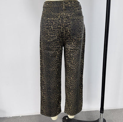 Y2K Leopard Jeans Wide Leg Denim Pants Women Hip Hop Baggy Jeans Trousers