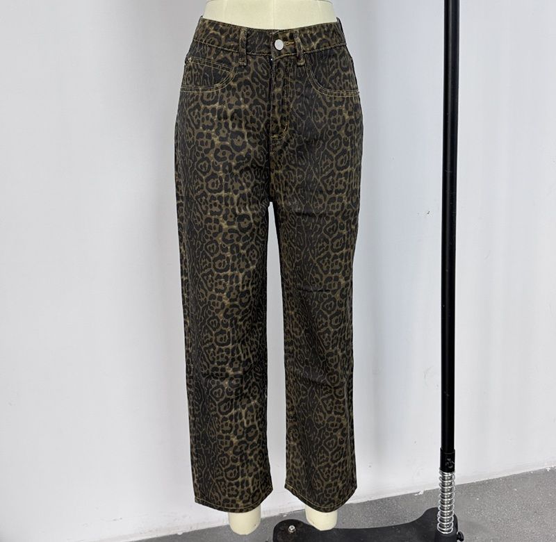 Y2K Leopard Jeans Wide Leg Denim Pants Women Hip Hop Baggy Jeans Trousers