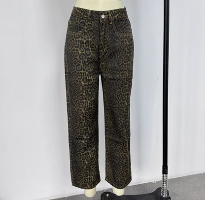 Y2K Leopard Jeans Wide Leg Denim Pants Women Hip Hop Baggy Jeans Trousers