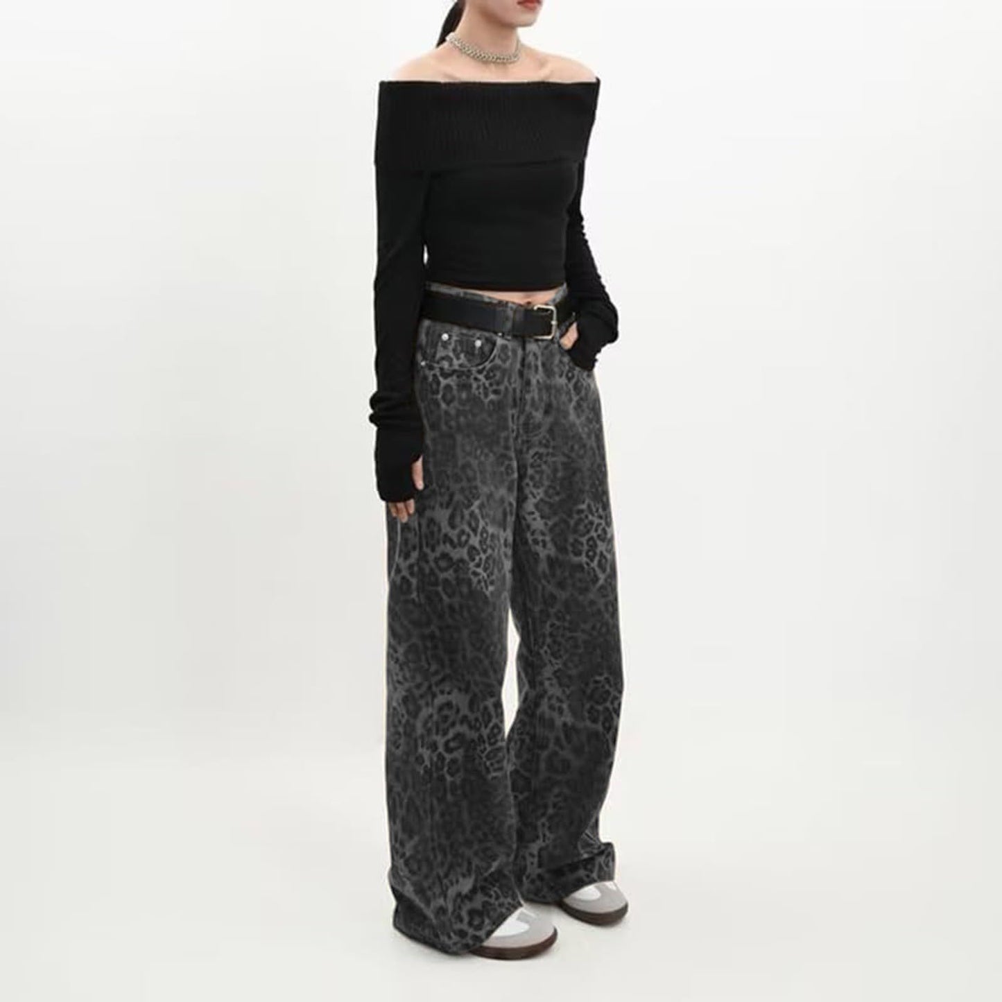 Y2K Leopard Jeans Wide Leg Denim Pants Women Hip Hop Baggy Jeans Trousers