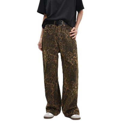 Y2K Leopard Jeans Wide Leg Denim Pants Women Hip Hop Baggy Jeans Trousers