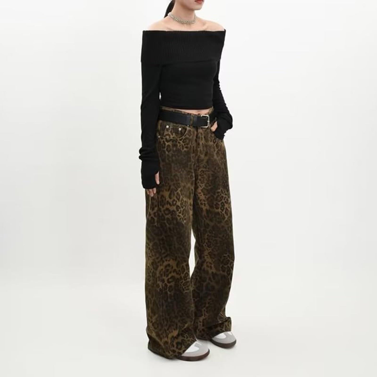 Y2K Leopard Jeans Wide Leg Denim Pants Women Hip Hop Baggy Jeans Trousers