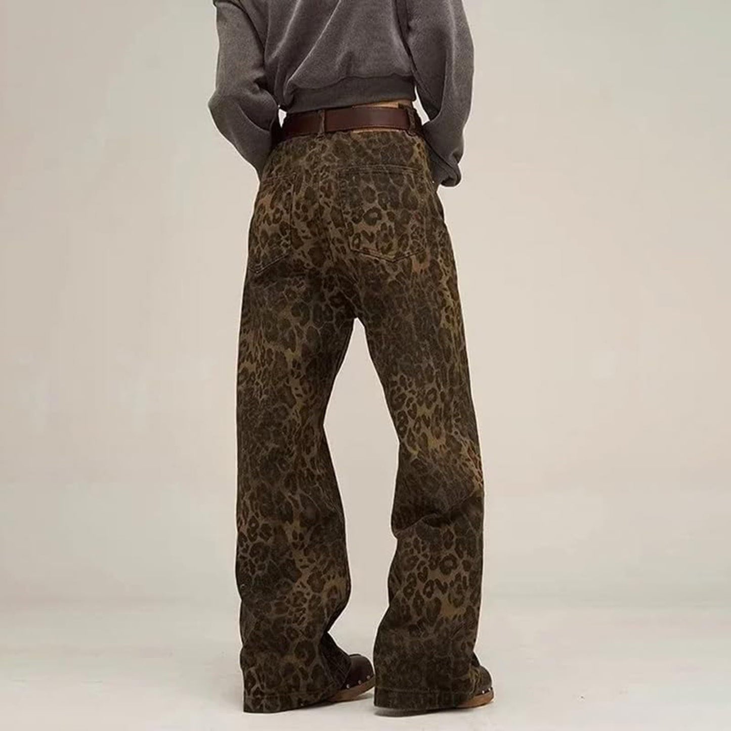 Y2K Leopard Jeans Wide Leg Denim Pants Women Hip Hop Baggy Jeans Trousers