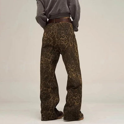 Y2K Leopard Jeans Wide Leg Denim Pants Women Hip Hop Baggy Jeans Trousers