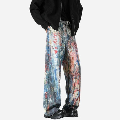 Y2K Men's Graffiti 3D Print Paint Splash Jeans, side view
