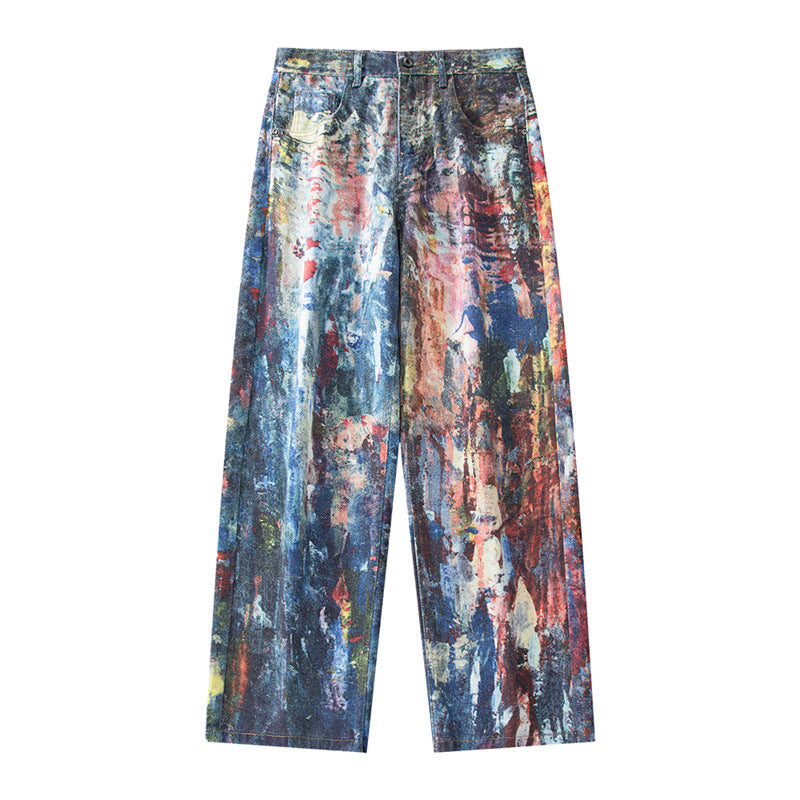 Y2K Men's Graffiti 3D Print Paint Splash Jeans Streetwear Wide Leg Rainbow Denim