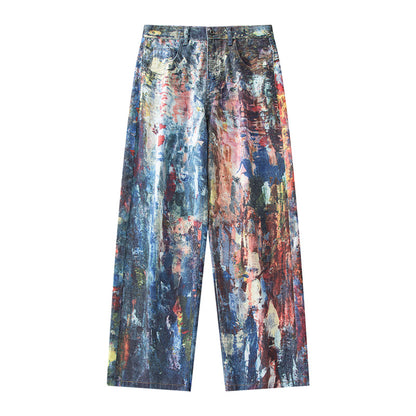 Y2K Men's Graffiti 3D Print Paint Splash Jeans Streetwear Wide Leg Rainbow Denim