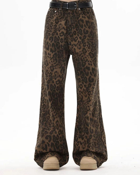 Y2k Leopard Jeans Wide Leg Denim Pants Women Hip Hop Baggy Jeans Trousers