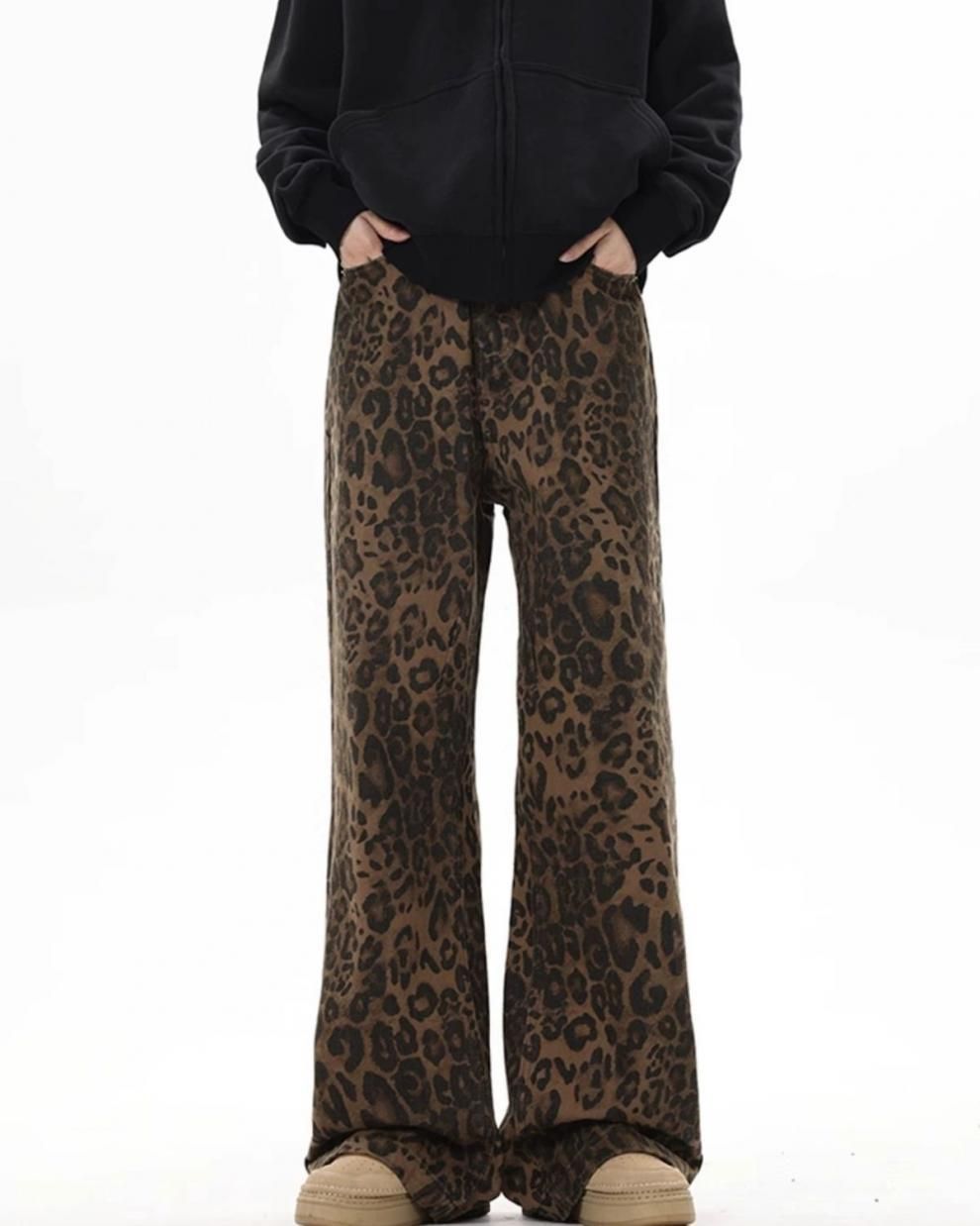 Y2k Leopard Jeans Wide Leg Denim Pants Women Hip Hop Baggy Jeans Trousers