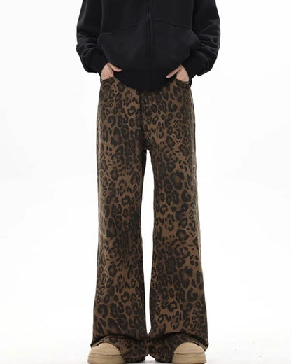Y2k Leopard Jeans Wide Leg Denim Pants Women Hip Hop Baggy Jeans Trousers