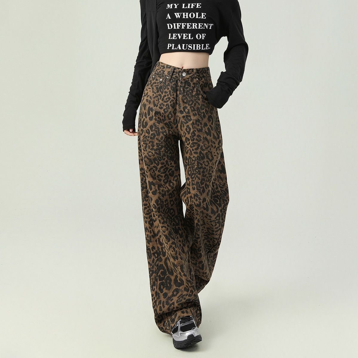 Y2K Leopard Jeans Wide Leg Denim Pants Women Hip Hop Baggy Jeans Trousers