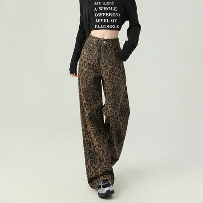 Y2K Leopard Jeans Wide Leg Denim Pants Women Hip Hop Baggy Jeans Trousers