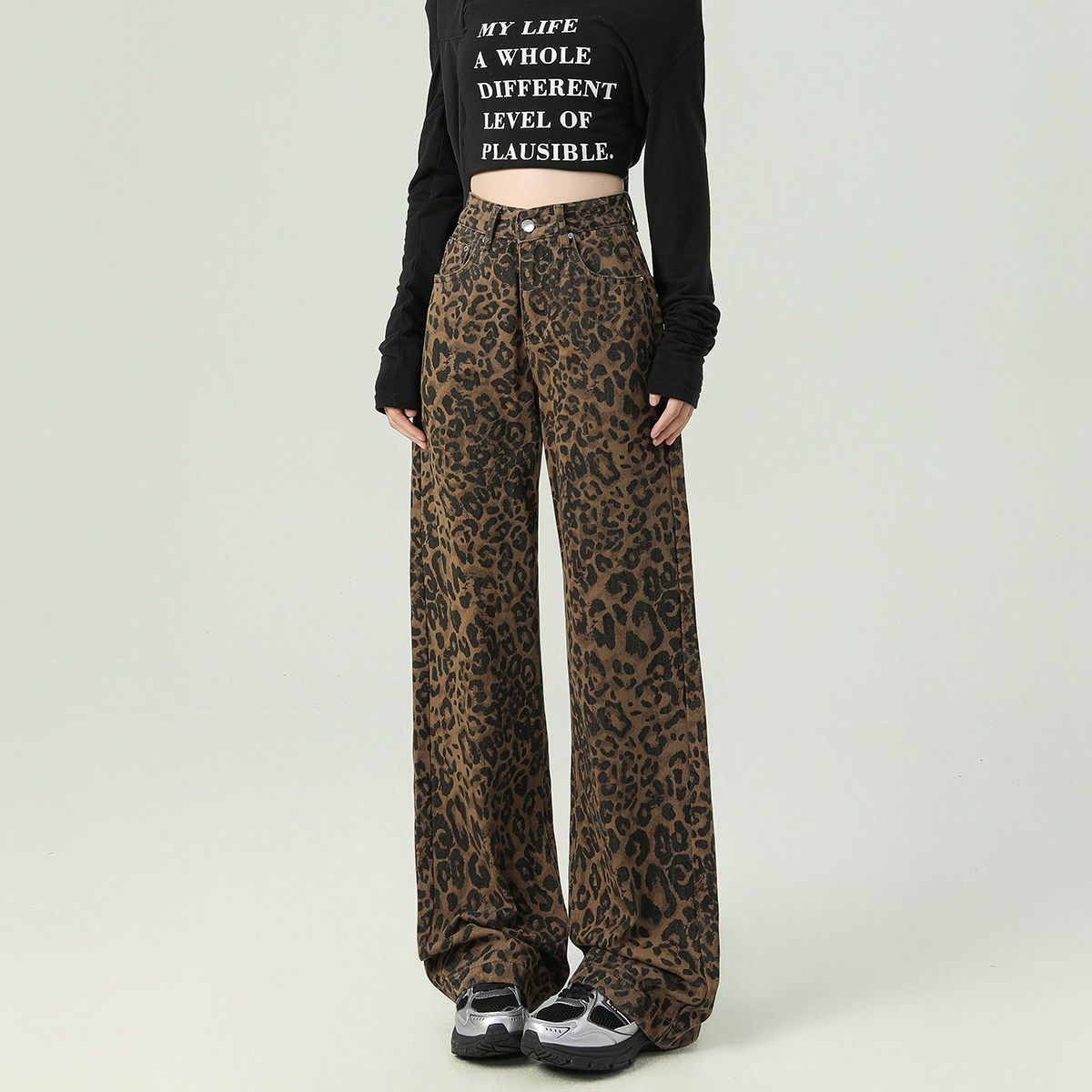 Y2K Leopard Jeans Wide Leg Denim Pants Women Hip Hop Baggy Jeans Trousers
