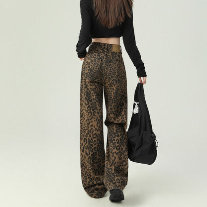 Y2K Leopard Jeans Wide Leg Denim Pants Women Hip Hop Baggy Jeans Trousers