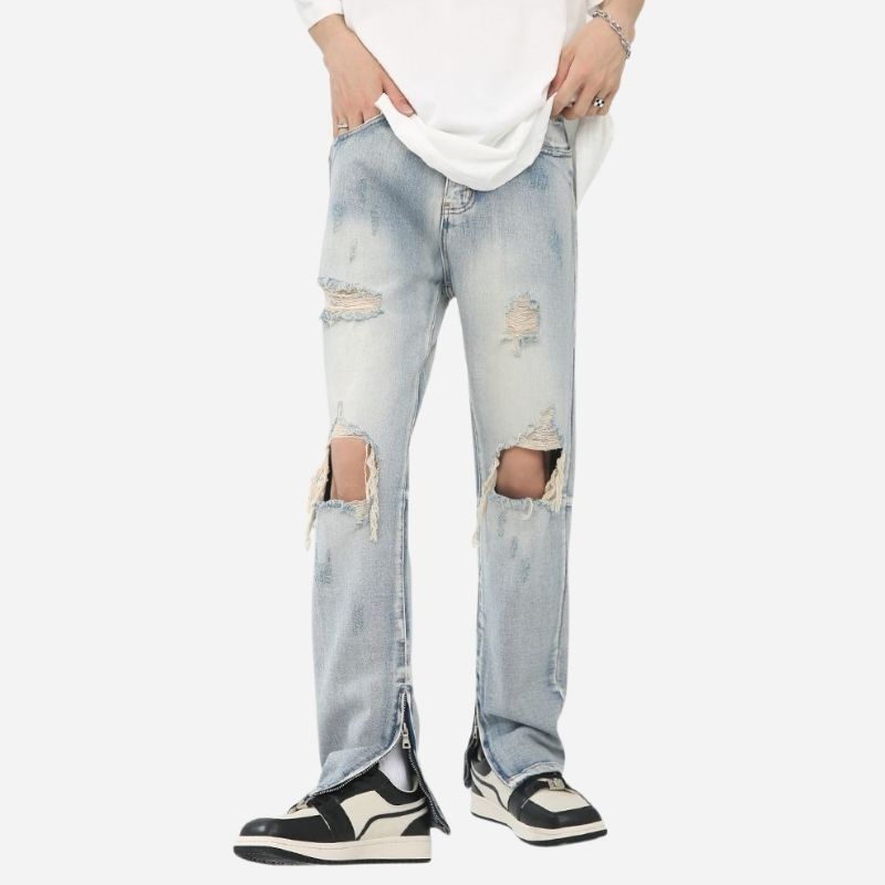 Y2k distressed straight leg ripped jeans for men hip hop streetwear denim in blue, front view