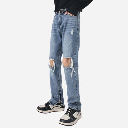 Y2k distressed straight leg ripped jeans for men hip hop streetwear denim in navy, side view