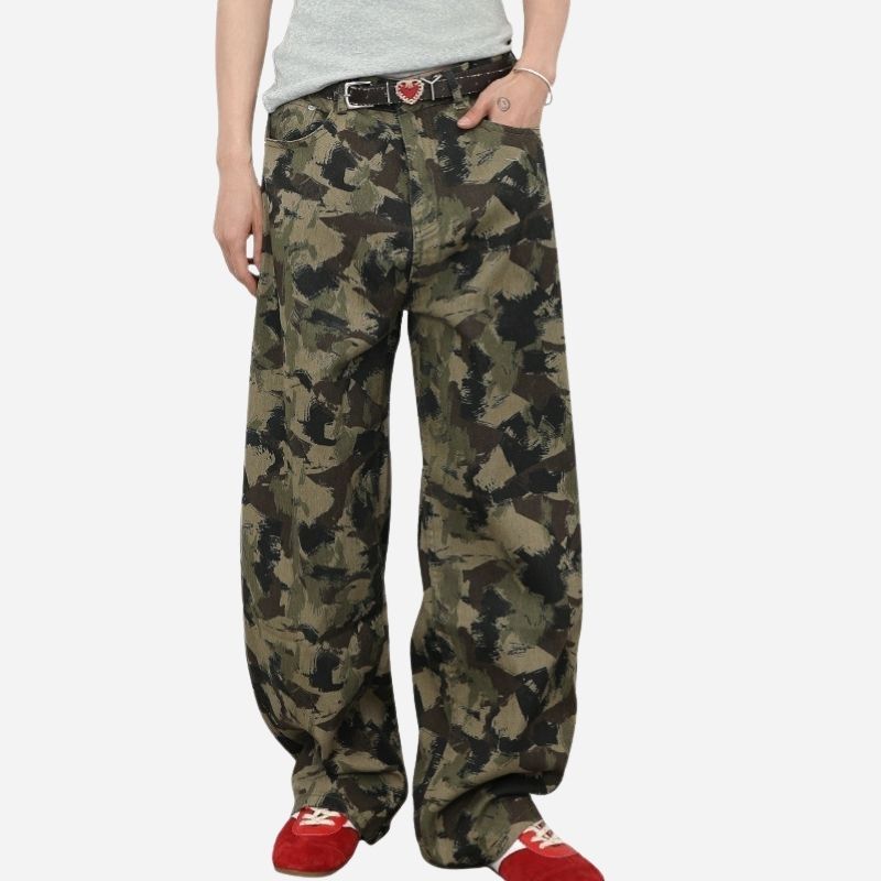 Men's baggy jeans y2k ripped wide leg distressed denim pants hip hop streetwear, front view