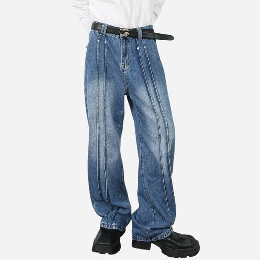 Men’s Wide Leg Straight Baggy Jeans Mid-Rise Y2K Streetwear Denim Pants
