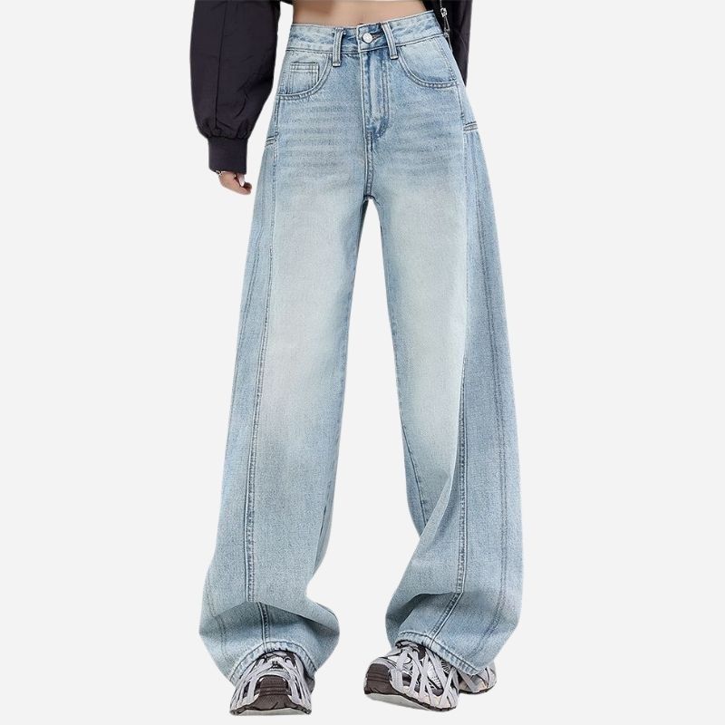 High Waist Curved Hem Straight Wide Leg Jeans Women Y2K Baggy Denim Trousers blue color