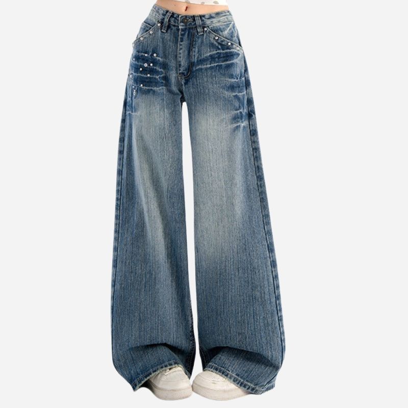 Studded Jeans Women High Waisted Straight Wide Leg Baggy Denim Trousers