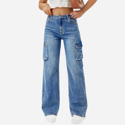 Women's High Waisted Cargo Jeans Straight Wide Leg Stretch Baggy Jean