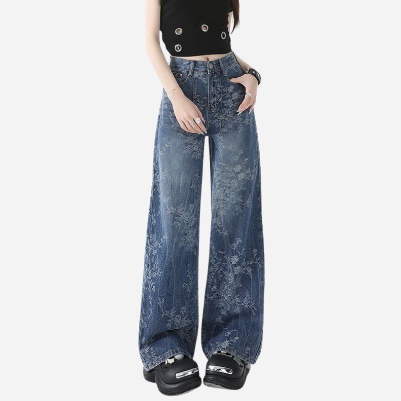 Women’s Floral Print High Waisted Wide Leg Jeans Straight Palazzo Denim Pants