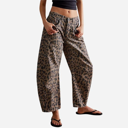 Women's Leopard Print Barrel Jeans Wide Leg Mid Rise Cropped Denim Pants