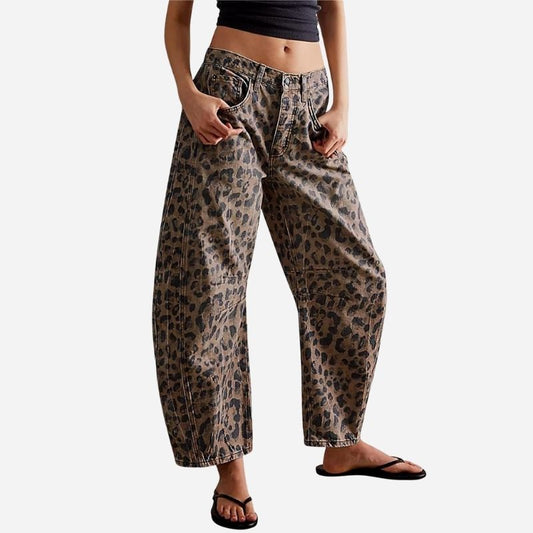 Women‘s Mid Rise Leopard Jeans Y2K Baggy Barrel Wide Leg Cropped Denim Pants