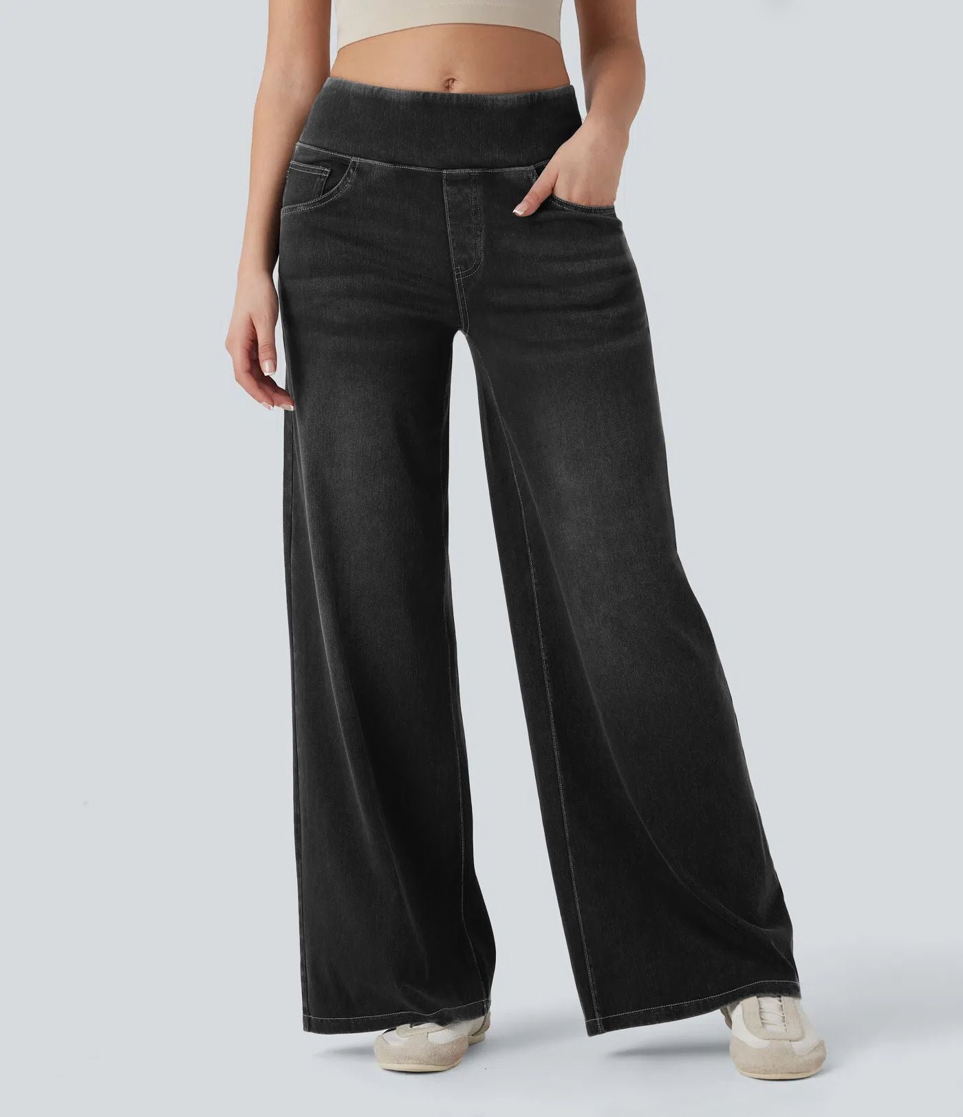 Wide Leg Tummy Control Pull On Sweatpant Jeans Baggy Denim Jeggings for Women