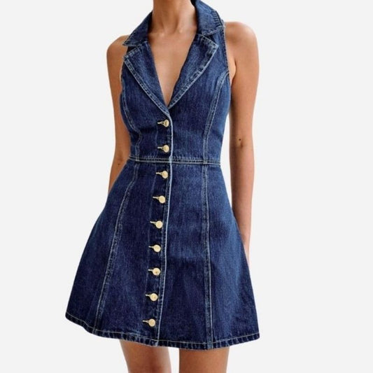 Denim halter mini dress women y2k sleeveless button down jean dress